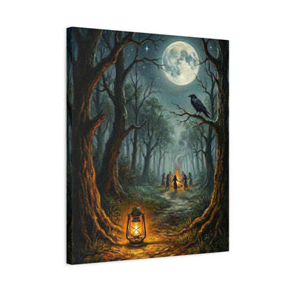 Forest Ritual | Canvas Print | Lantern, Ravens & Dancing Figures Matte Stretched Art