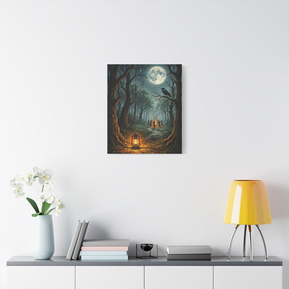 Forest Ritual | Canvas Print | Lantern, Ravens & Dancing Figures Matte Stretched Art