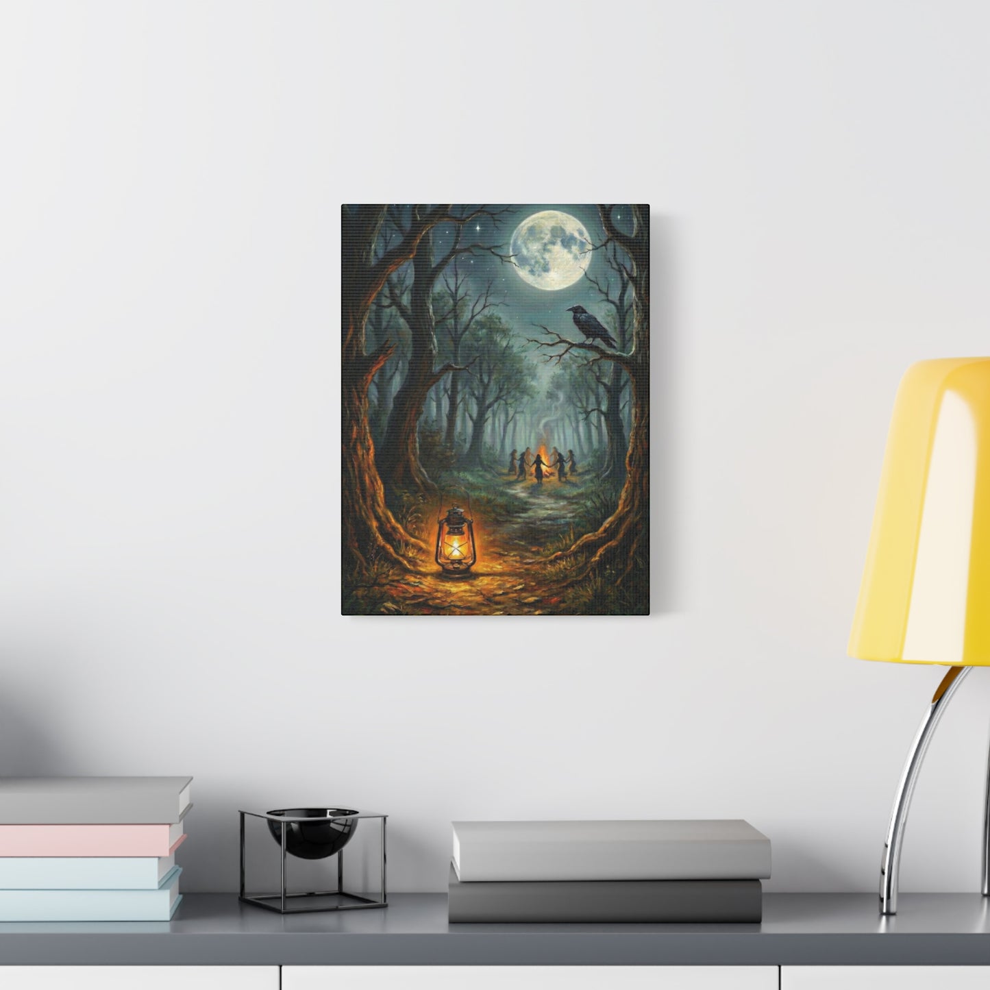 Forest Ritual | Canvas Print | Lantern, Ravens & Dancing Figures Matte Stretched Art