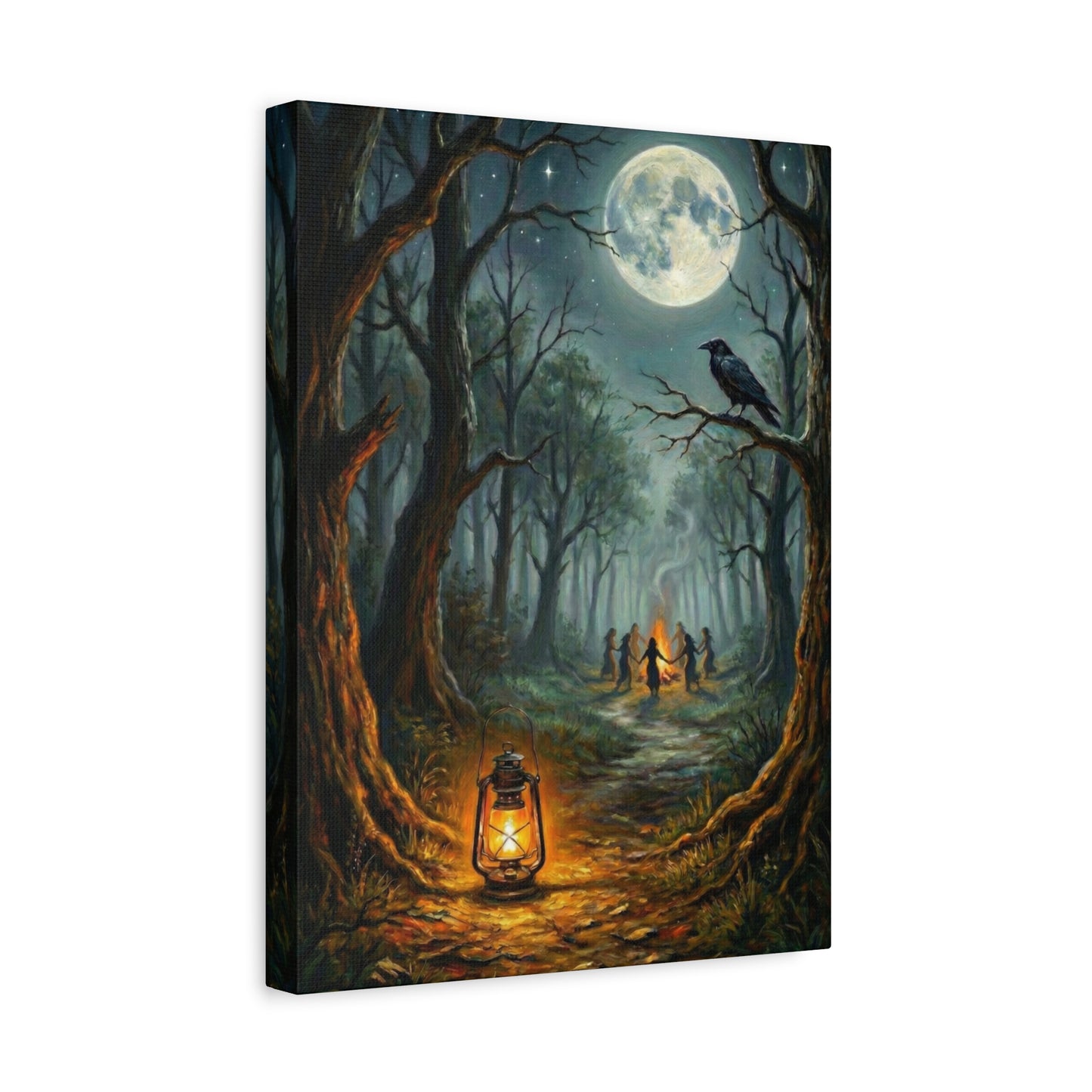 Forest Ritual | Canvas Print | Lantern, Ravens & Dancing Figures Matte Stretched Art