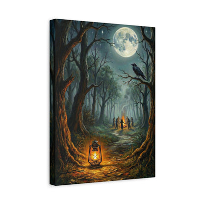 Forest Ritual | Canvas Print | Lantern, Ravens & Dancing Figures Matte Stretched Art