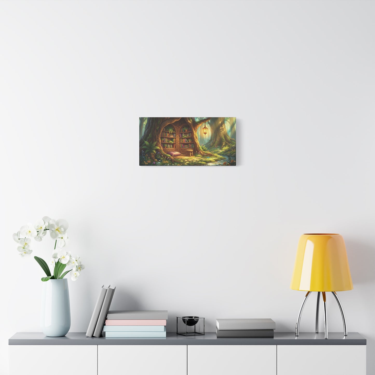 Lantern-lit Tree Library Nook | Stretched Matte Canvas