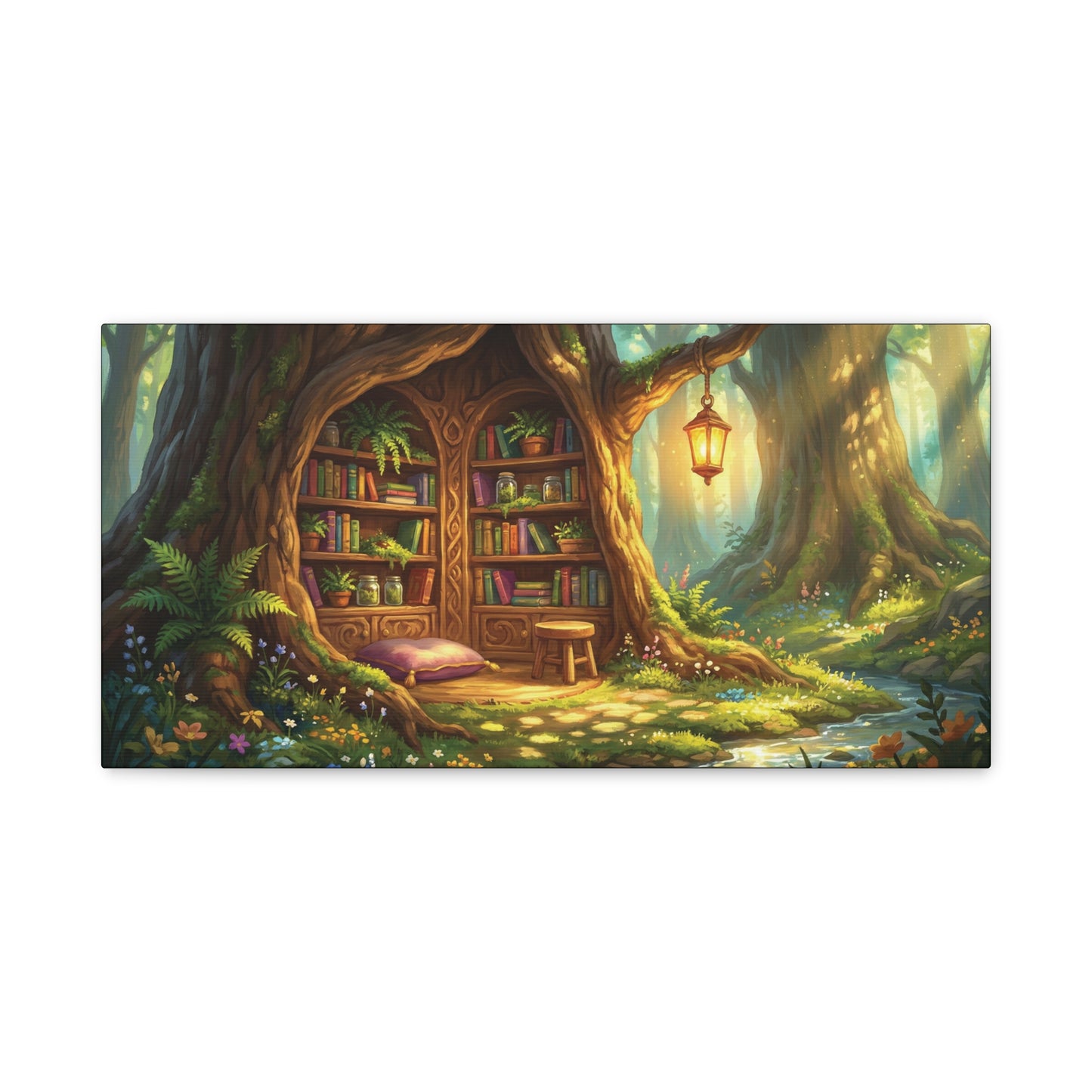 Lantern-lit Tree Library Nook | Stretched Matte Canvas