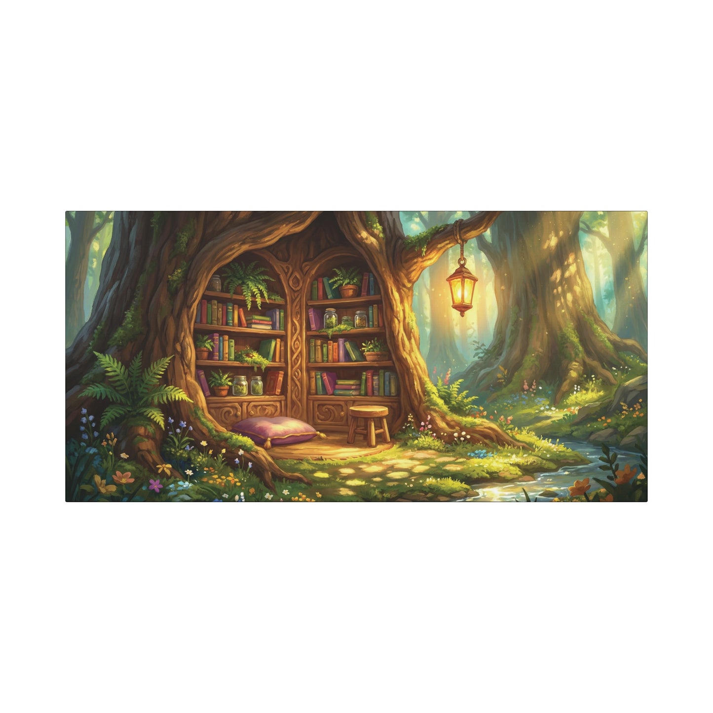 Lantern-lit Tree Library Nook | Stretched Matte Canvas