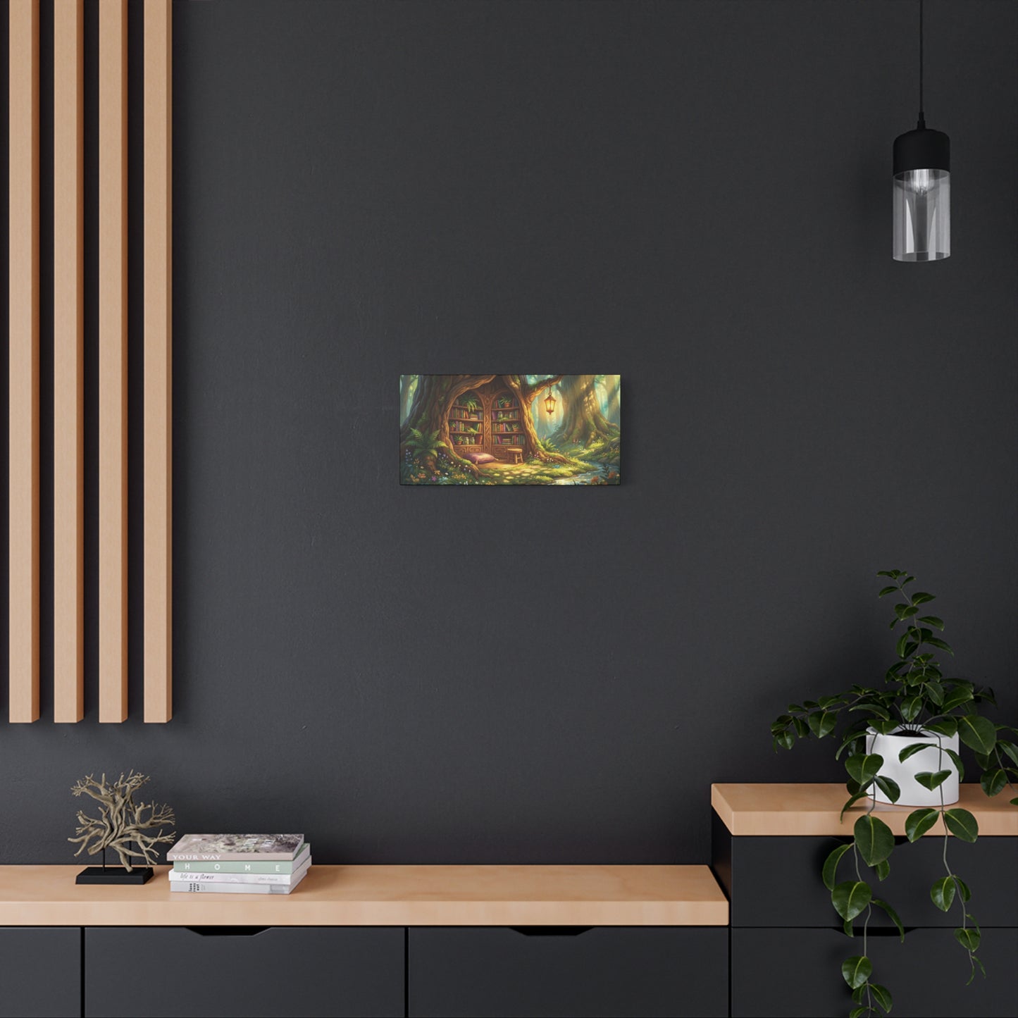 Lantern-lit Tree Library Nook | Stretched Matte Canvas
