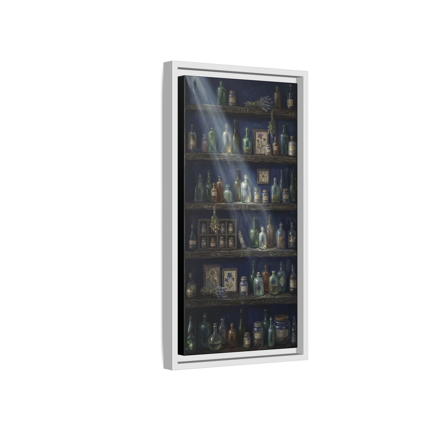Moonlit Apothecary Shelf | Matte Canvas Print | Vintage Bottles Wall Art