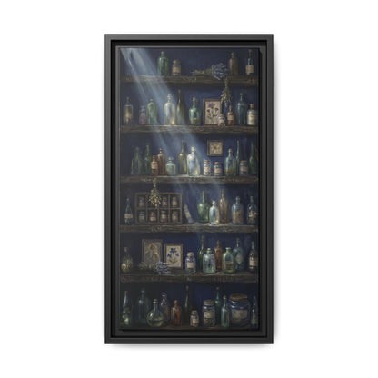 Moonlit Apothecary Shelf | Matte Canvas Print | Vintage Bottles Wall Art