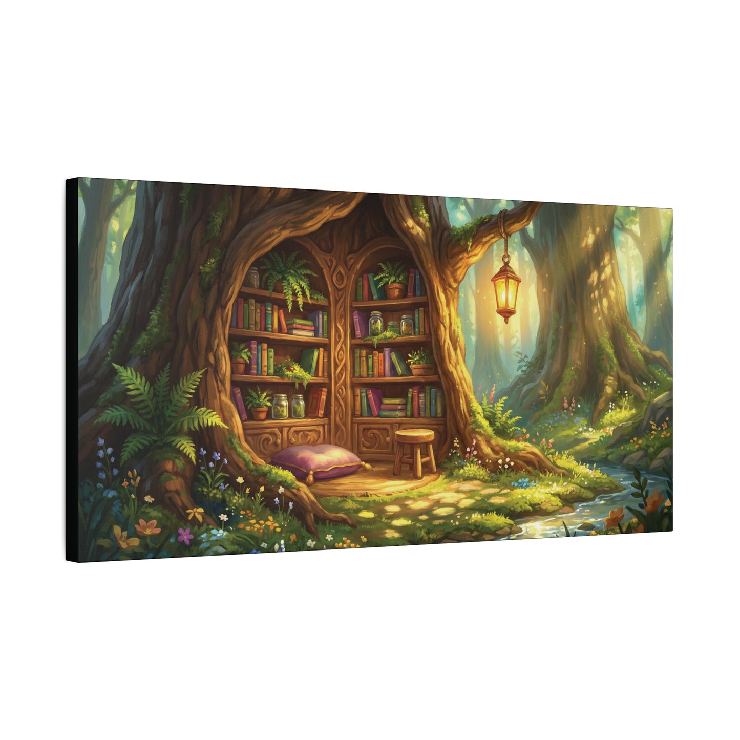 Lantern-lit Tree Library Nook | Stretched Matte Canvas