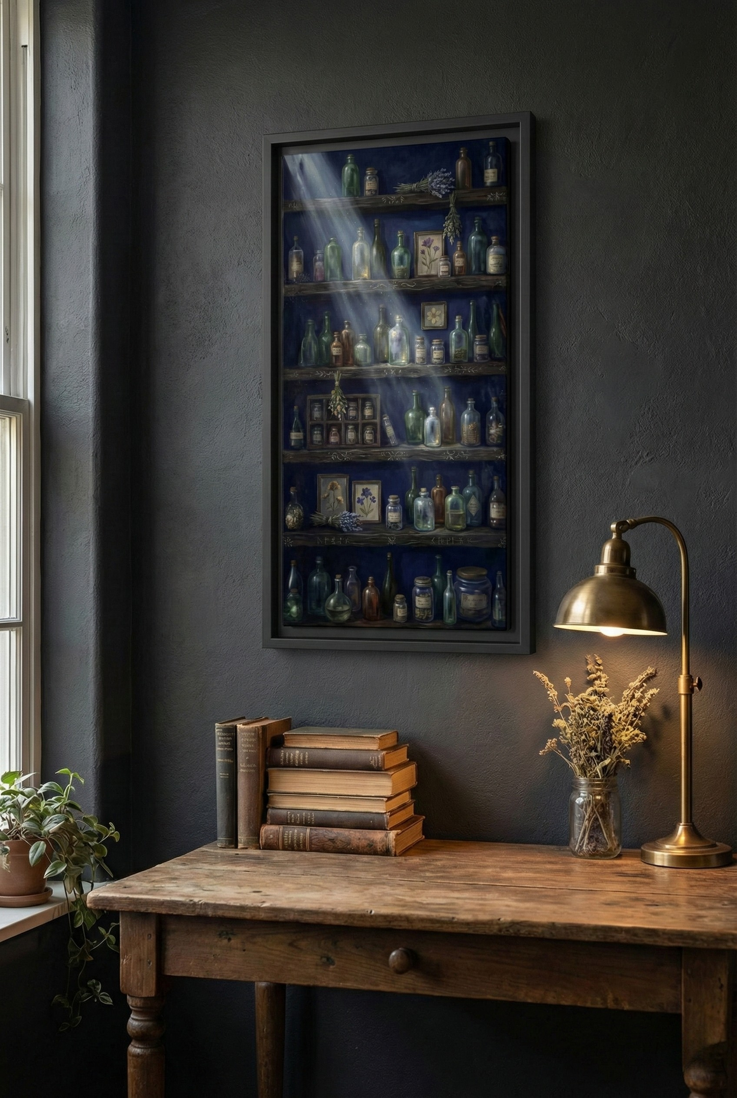 Moonlit Apothecary Shelf | Matte Canvas Print | Vintage Bottles Wall Art