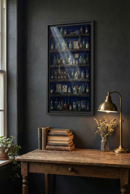 Moonlit Apothecary Shelf | Matte Canvas Print | Vintage Bottles Wall Art