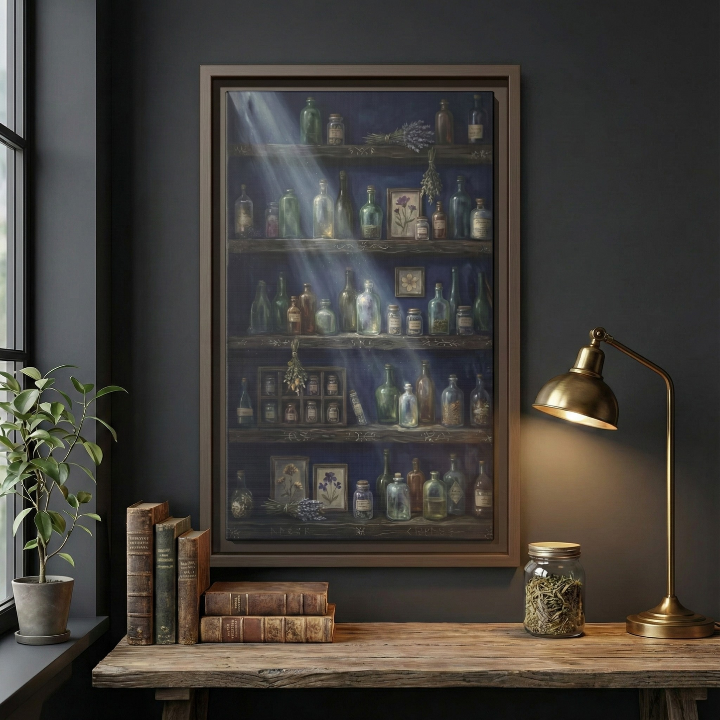 Moonlit Apothecary Shelf | Matte Canvas Print | Vintage Bottles Wall Art