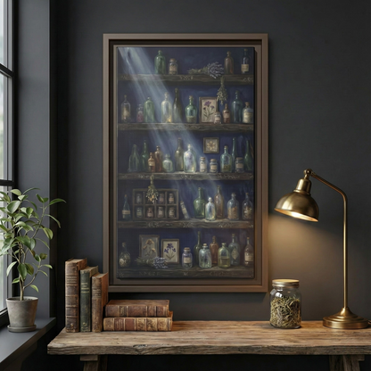 Moonlit Apothecary Shelf | Matte Canvas Print | Vintage Bottles Wall Art
