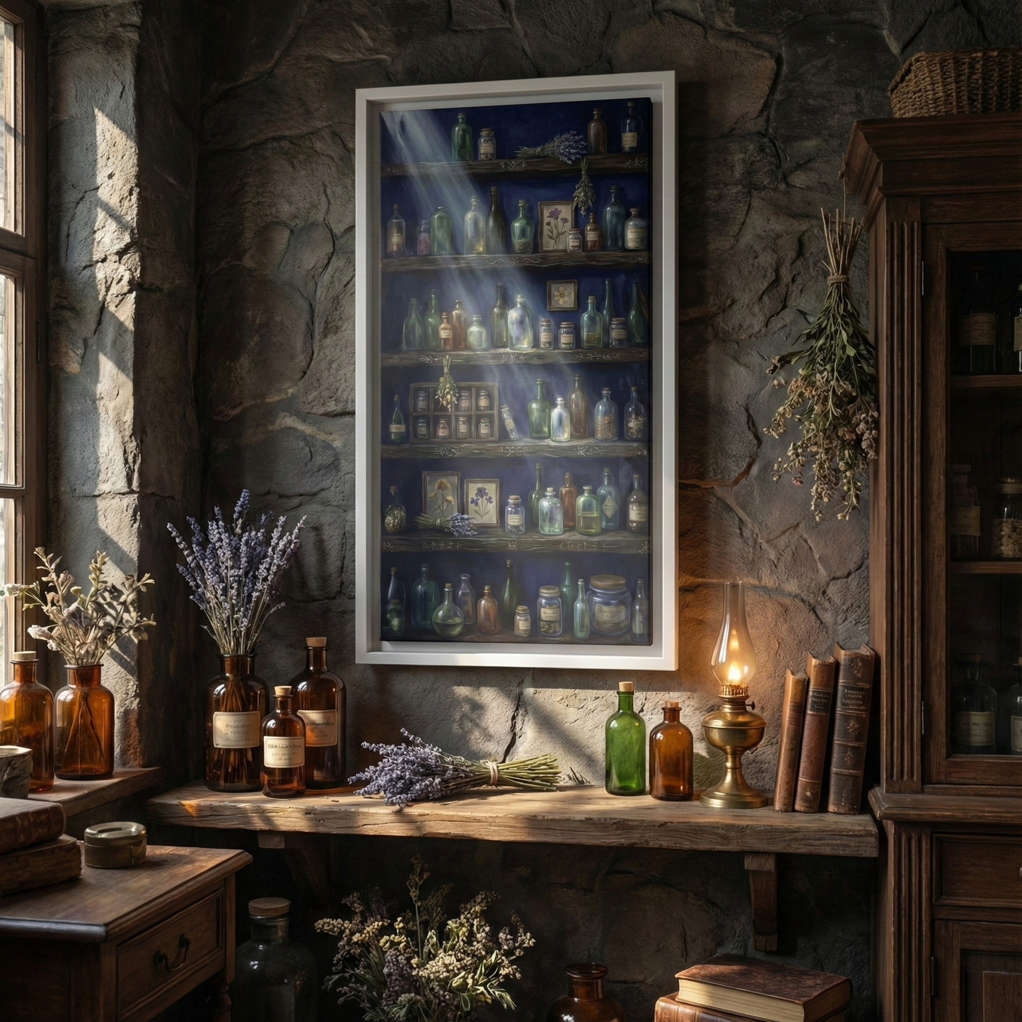 Moonlit Apothecary Shelf | Matte Canvas Print | Vintage Bottles Wall Art