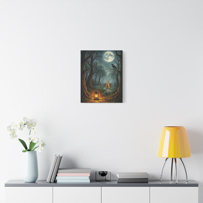 Forest Ritual | Canvas Print | Lantern, Ravens & Dancing Figures Matte Stretched Art