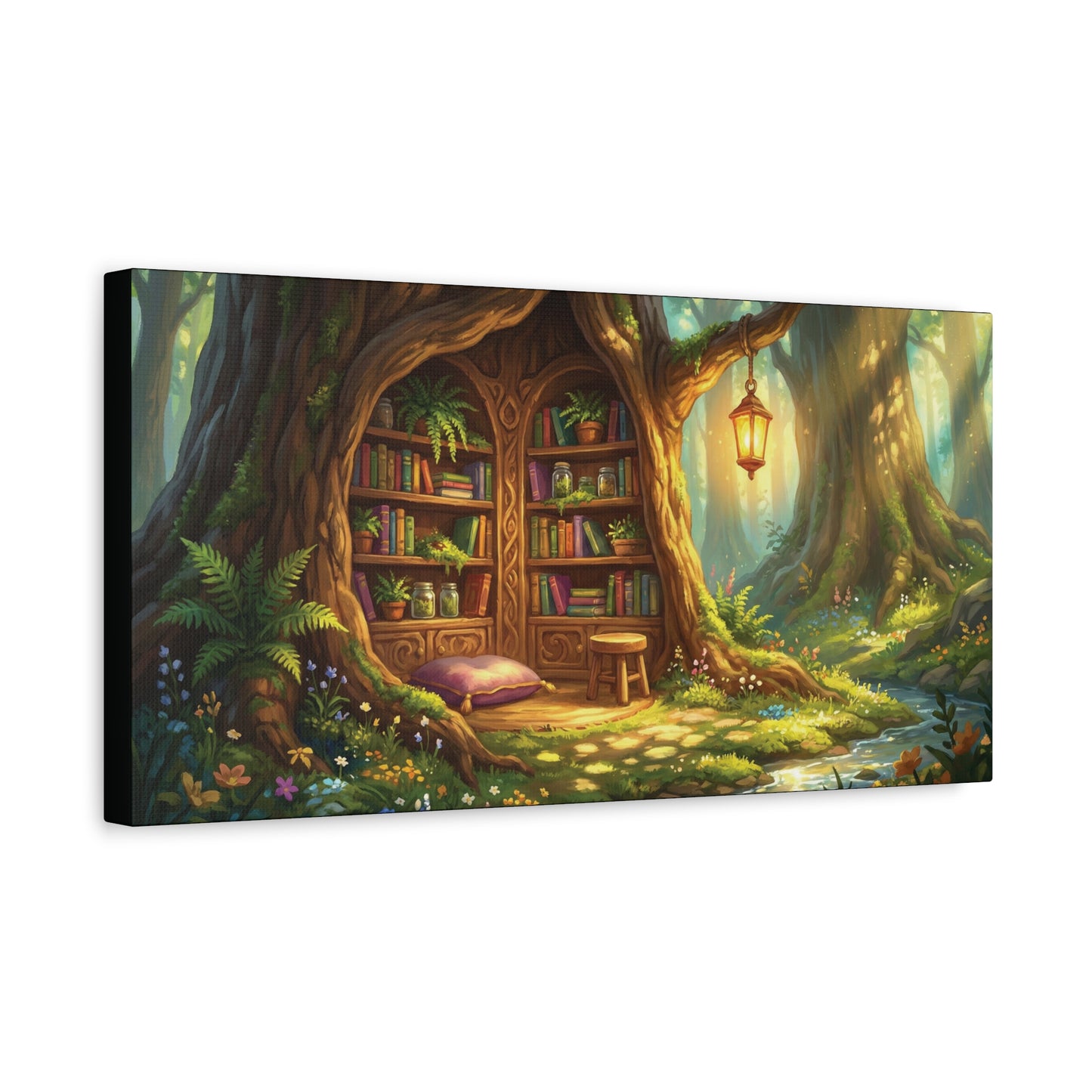 Lantern-lit Tree Library Nook | Stretched Matte Canvas