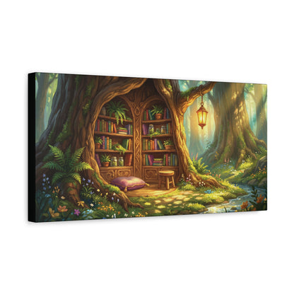 Lantern-lit Tree Library Nook | Stretched Matte Canvas