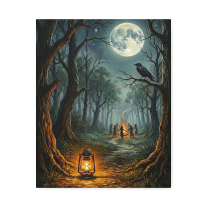 Forest Ritual | Canvas Print | Lantern, Ravens & Dancing Figures Matte Stretched Art