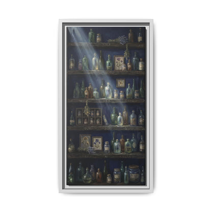 Moonlit Apothecary Shelf | Matte Canvas Print | Vintage Bottles Wall Art