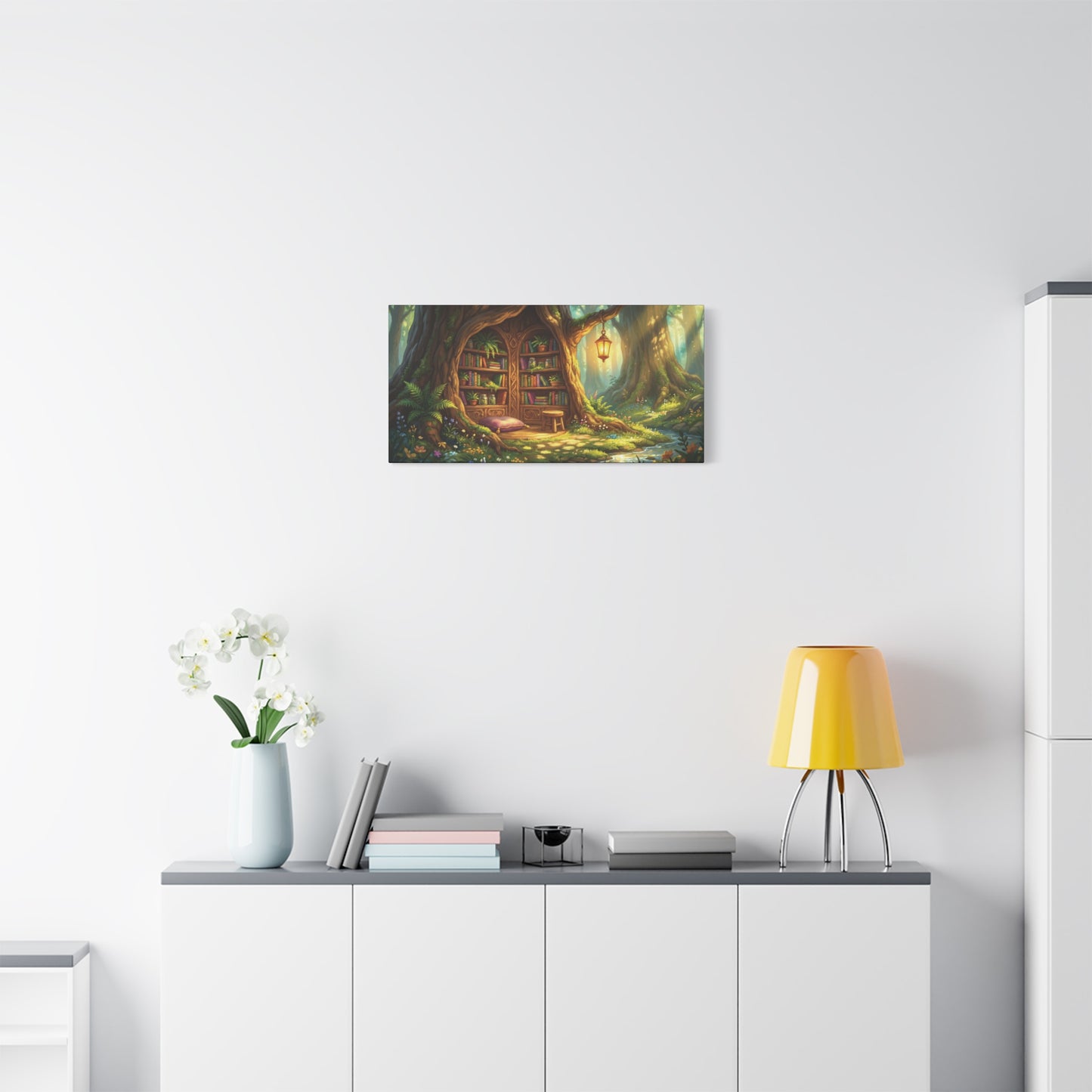 Lantern-lit Tree Library Nook | Stretched Matte Canvas