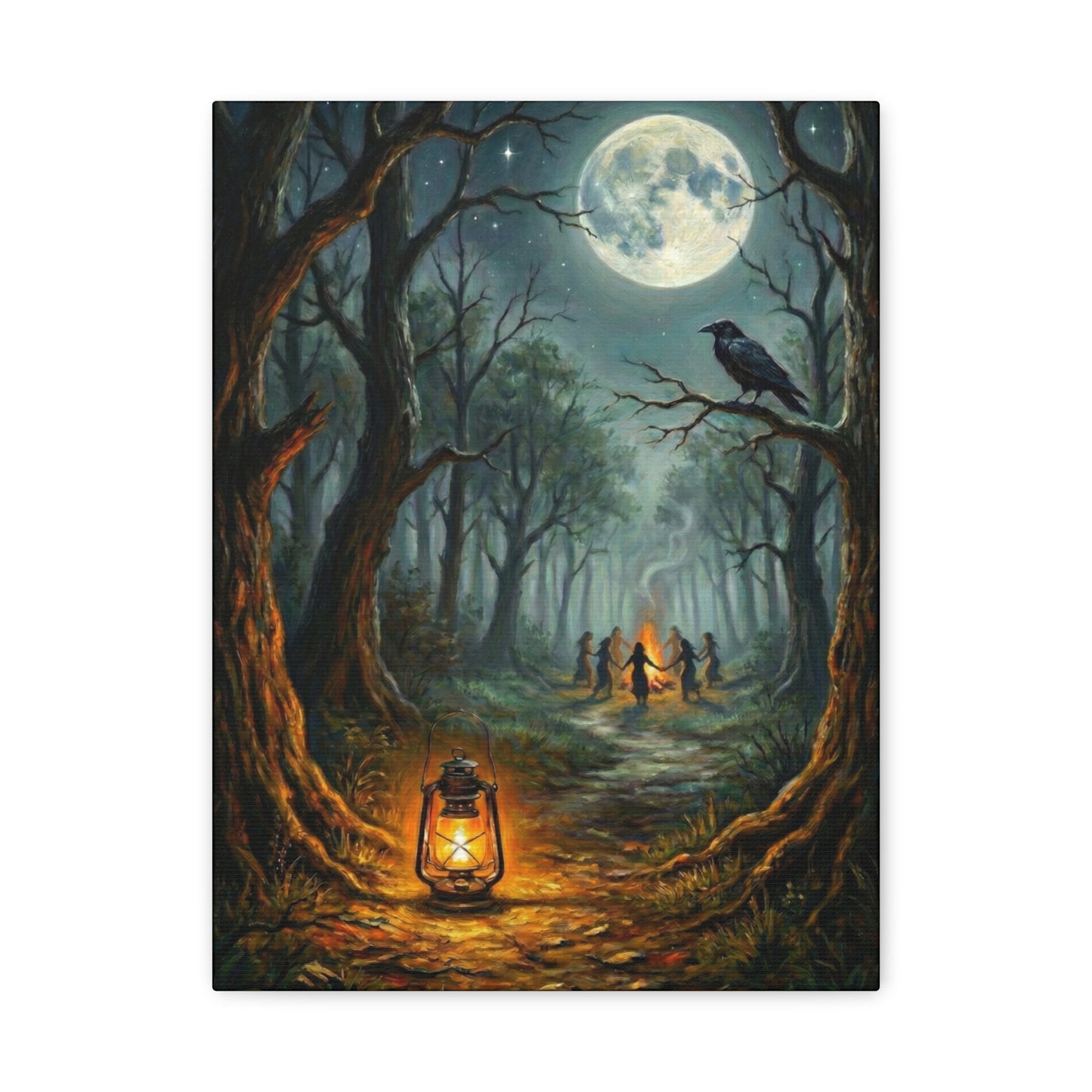 Forest Ritual | Canvas Print | Lantern, Ravens & Dancing Figures Matte Stretched Art