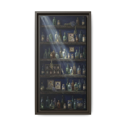Moonlit Apothecary Shelf | Matte Canvas Print | Vintage Bottles Wall Art