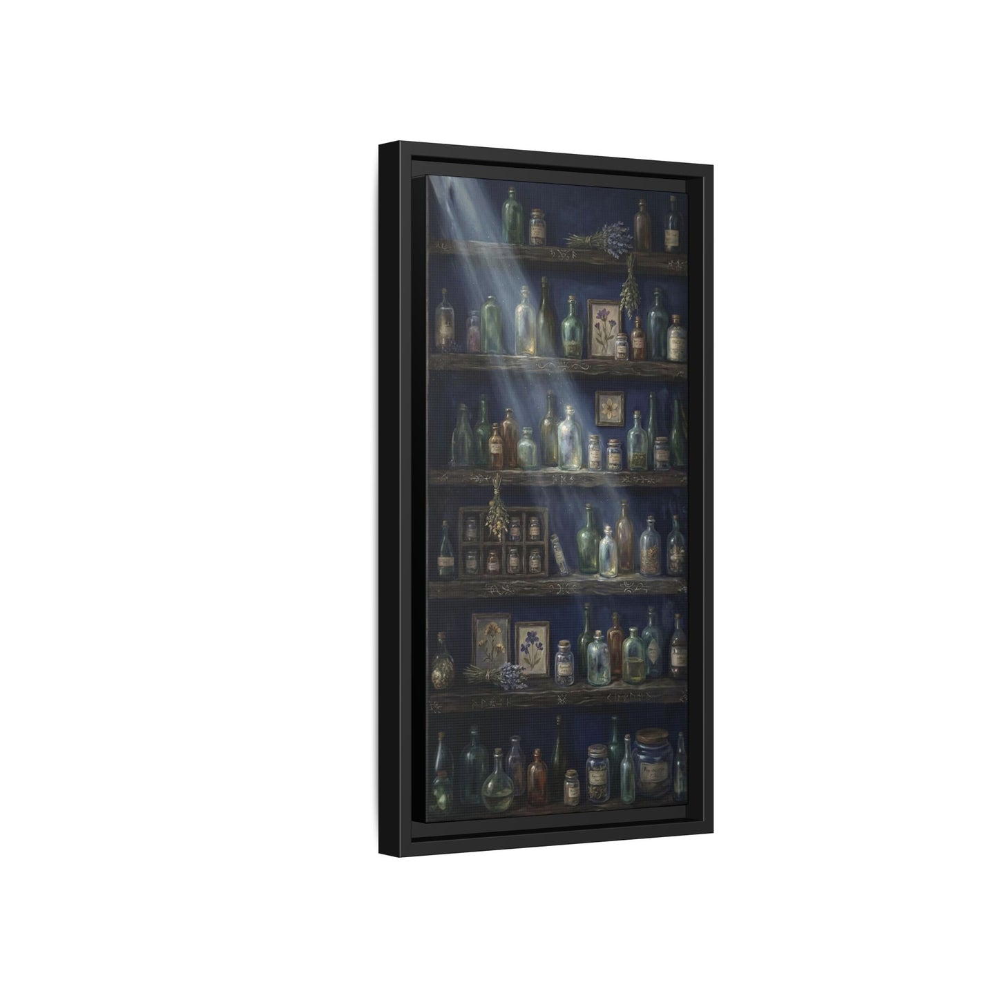 Moonlit Apothecary Shelf | Matte Canvas Print | Vintage Bottles Wall Art