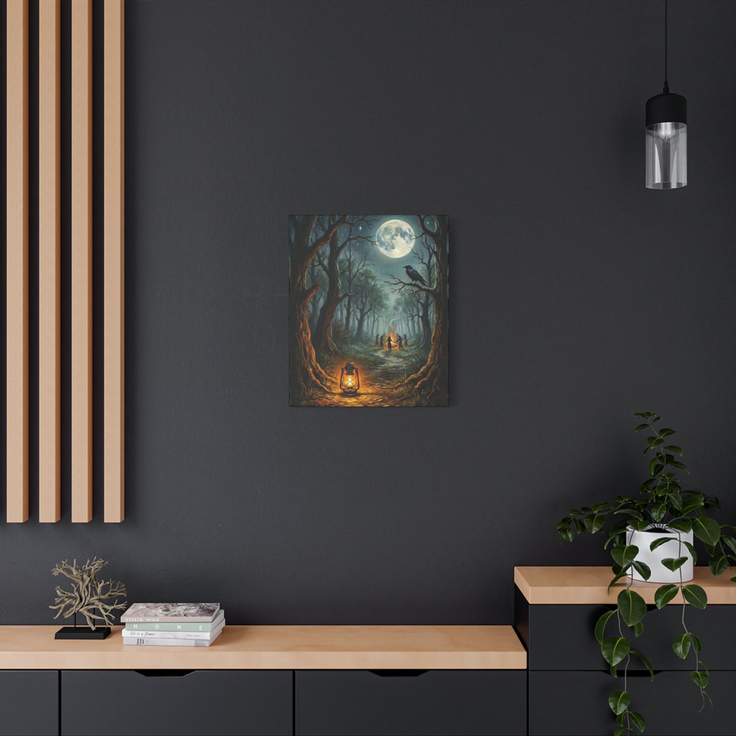Forest Ritual | Canvas Print | Lantern, Ravens & Dancing Figures Matte Stretched Art