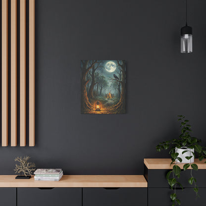 Forest Ritual | Canvas Print | Lantern, Ravens & Dancing Figures Matte Stretched Art