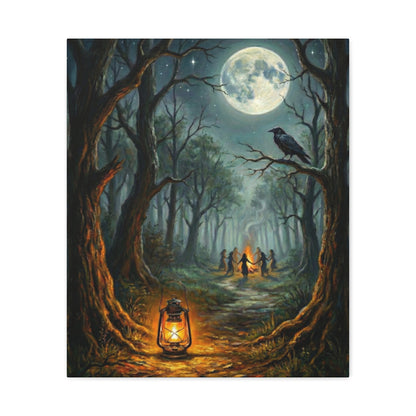 Forest Ritual | Canvas Print | Lantern, Ravens & Dancing Figures Matte Stretched Art