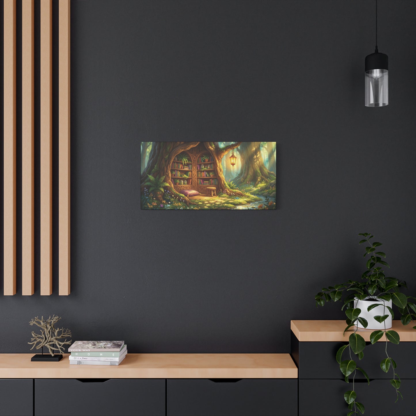 Lantern-lit Tree Library Nook | Stretched Matte Canvas