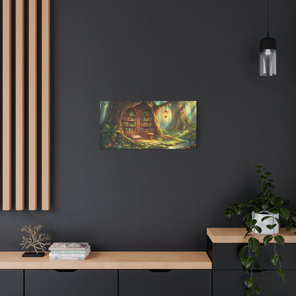 Lantern-lit Tree Library Nook | Stretched Matte Canvas
