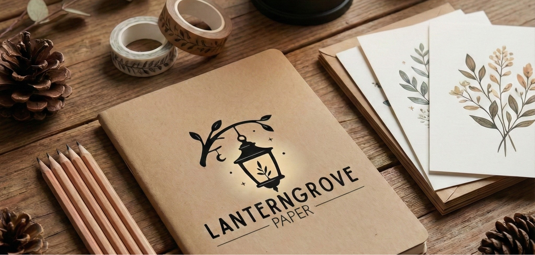 Lanterngrove Paper products including a notebook, cards, and pencils on a wooden surface.